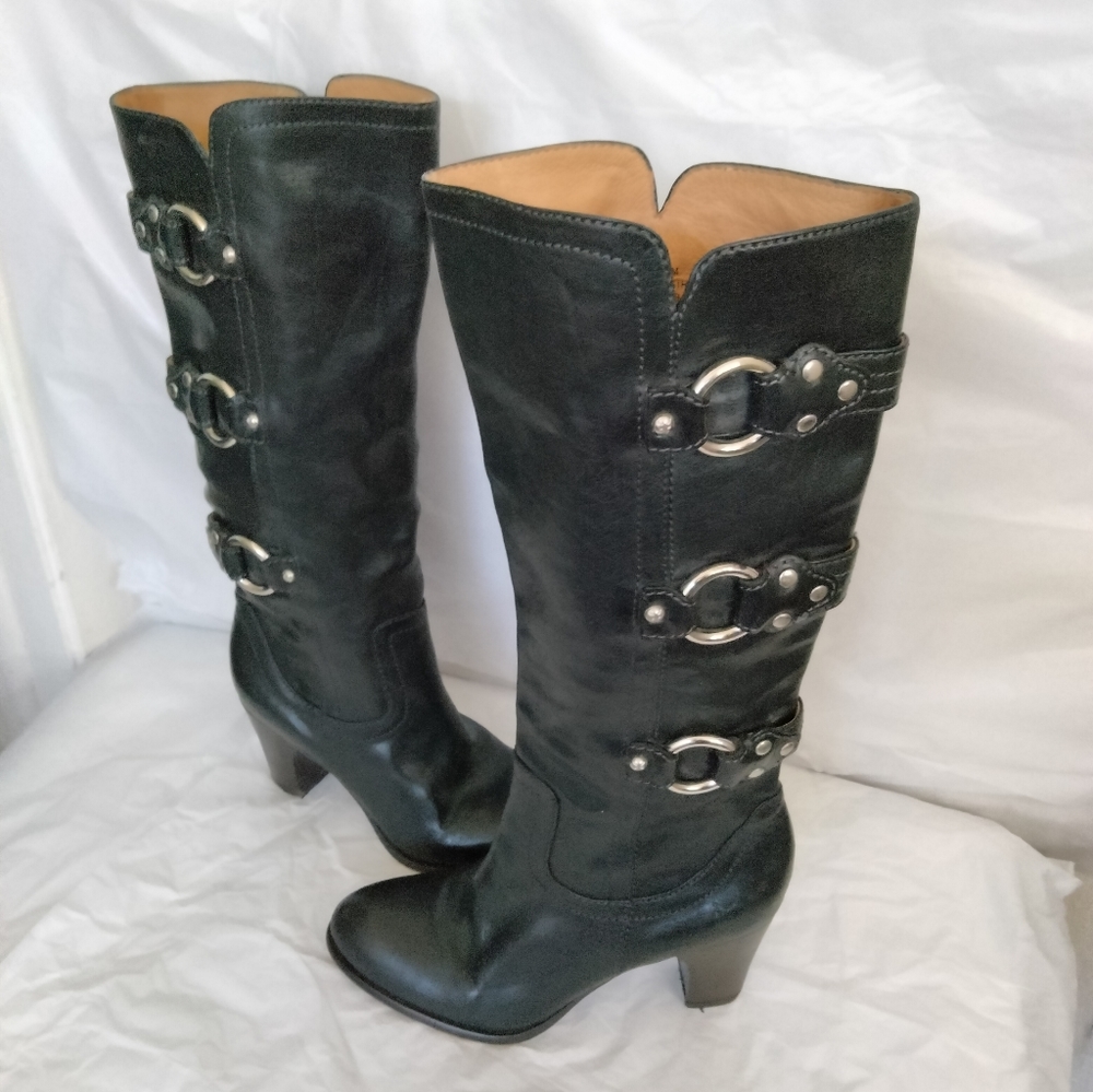 Frye Fiona 3 Strap Black Leather High Heel Womens  riding Boots Size 6M